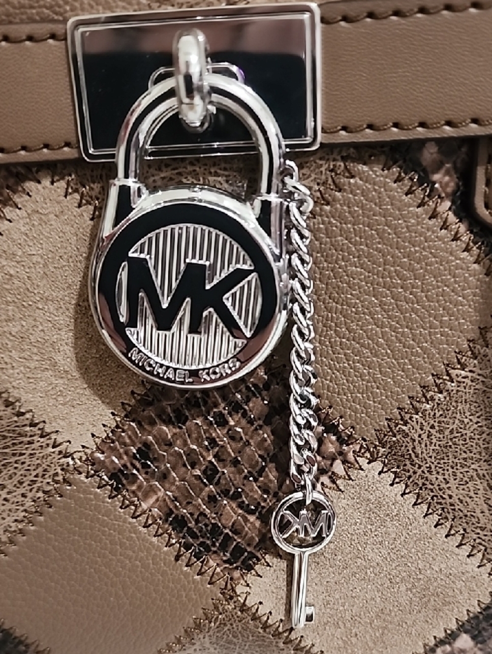 Michael Kors Taupe Patchwork Leather Satchel with Signature Charm - Picture 7 of 13